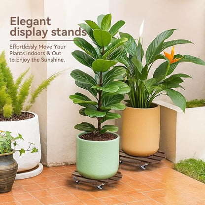 2 Pack Plant Stand Indoor and Outdoor, 12IN Premium Wooden Plant Caddy with Wheels, Heavy Duty Plant Stands with 360° Lockable Wheels, Classic Plant Cart
