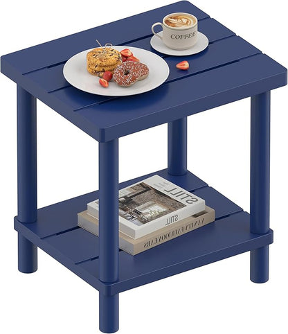 Outdoor Side Table, 2-Tier Small Outdoor Table for Patio, Adirondack Side Tables for Outside or Indoor, Bamboo End Table for Pool, Porch, Weather Resistant Easy Maintenance-Dark Blue