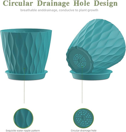 4 Inch Plant Pots, 6 Pack Indoor Flower Pots, Planters with Drainage Holes and Trays for Orchids, Violets, Succulents, Herbs, and Other Plants,Blue-Green