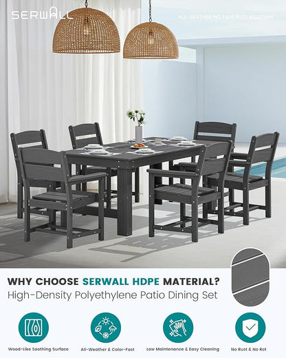 SERWALL Outdoor Dining Table Set, 67‘’ HDPE Patio Dining Set for 6, Outdoor Table and Chairs Set with 1.6-inch Umbrella Hole for Deck, Grey