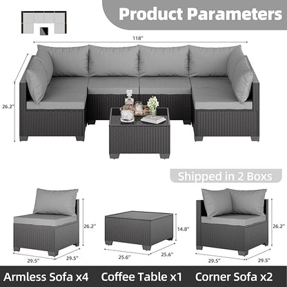 Skyfish 7 Pieces Patio Furniture Sofa - Outdoor Sectional Wicker Rattan Furniture with Cushion and Glass Table Patio Conversation Sets for Porch Poolside Backyard Outdoor Sofa Set Modular Sofa