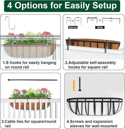 DUNCHATY Railing Planter Window Box - 2 Pack 24" Horse Trough Planter with Coco Fiber Liner - Deck Balcony Rail Planter for Porch Fence Patio Outdoor