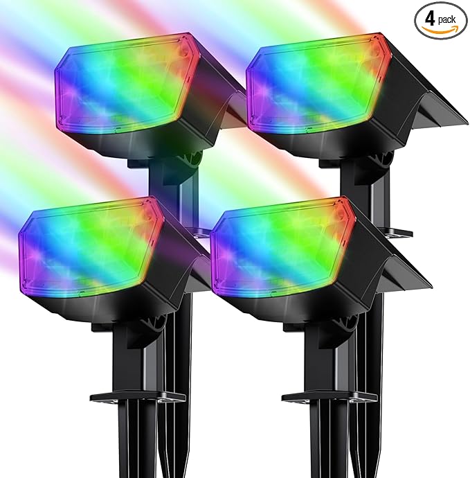 TECKNET Solar Color Changing Lights, 7 Lighting Modes Solar Spot Lights Outdoor Waterproof IP68, 4 Pack Multicolor RGB Outdoor Lights for Garden Yard Landscape Decor (RGB)