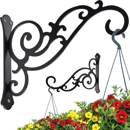 Hanging Planter Hooks 2 Pcs,Outdoor Hanging Brackets Wall Hook Heavy Duty Brackets,Black Iron Planters Hook Indoor/Outdoor Planter Hanger Brackets (12 inch)