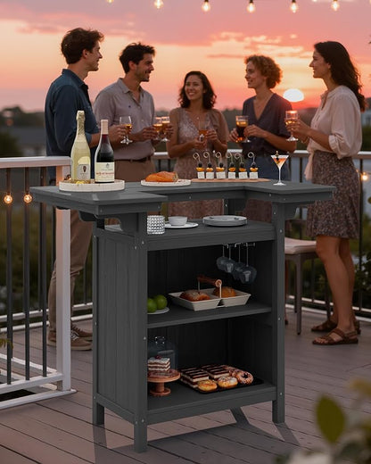 SERWALL Outdoor Bar Table Set (1 Table with 2 Chairs) – HDPE Grey Patio Bar Cabinet with 4-Tier Storage & Spacious Tabletop, Perfect for Outdoor, Poolside, Backyard
