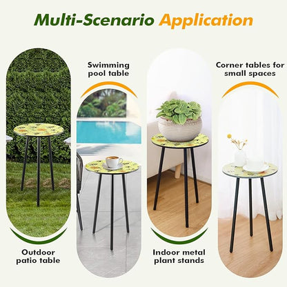 Metal Outdoor Side Tables Set of Two Small Outside Round End Table for Patio Modern Accent Garden Corner Table for Small Spaces, Balcony, Porch, Weather-Resistant Plant Stand Indoor, Yellow