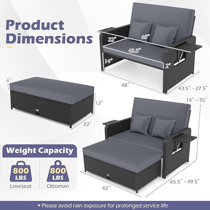 Tangkula Patio Rattan Daybed with 4-Level Adjustable Backrest, Outdoor PE Wicker Loveseat with Storage Ottoman & Folding Side Tray, Double Sunbed Lounger for Balcony, Backyard & Poolside (Grey)