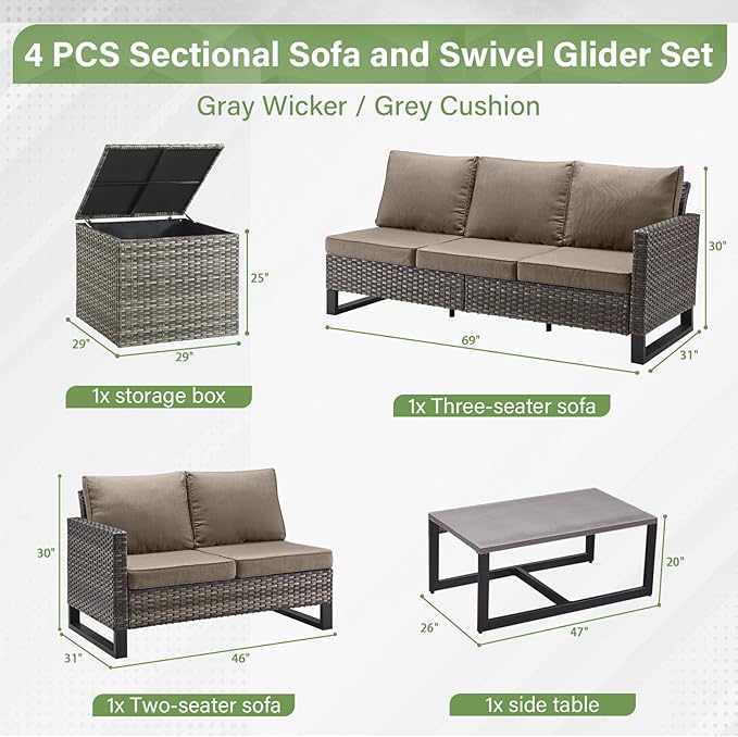 Belord 5-Seater Patio Conversation Set - 4 Piece Outdoor Sectional Furniture Set with Large Storage Box and Coffee Table Outdoor Patio Furniture Set for Garden Poolside Backyard Gray