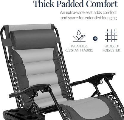 Best Choice Products Oversized Padded Zero Gravity Chair, Folding Outdoor Patio Recliner, XL Anti Gravity Lounger for Backyard w/Headrest, Cup Holder, Side Tray, Polyester Mesh - Gray/Light Gray