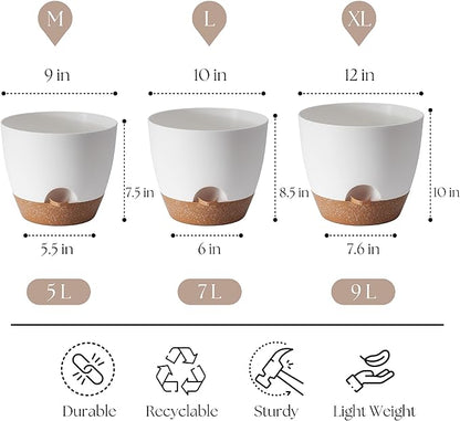 Plant Pots 12/10/9 inch Set of 3, Self Watering Flower Pots Indoor Outdoor, Planters with Drainage Hole Saucer Reservoir, White