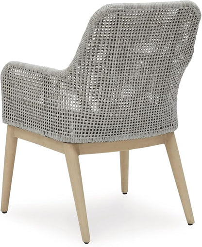 Signature Design by Ashley Seton Creek Cottage Nuvella Weather Resistant Fabric Outdoor Dining Arm Chair with Cushion, Set of 2, Light Brown & Light Gray