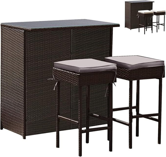 Tangkula Patio Bar Set, 3 Piece Outdoor Rattan Wicker Bar Set with 2 Cushions Stools & Glass Top Table, Gray & Off White Cover, Outdoor Furniture Set for Patio Backyard Porch Garden Poolside