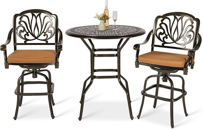 VIVIJASON 3-Piece Patio Swivel Bar Stools Set, All Weather Cast Aluminum Outdoor Bar Height Bistro Set with 2 Cushioned Bar Chairs & 35.4" High Bar Table w/Umbrella Hole for Backyard, Lawn, Garden