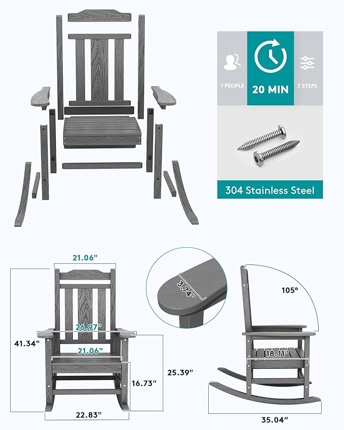 Poly Rocking Chairs - 2-Pack Grey HDPE for Outdoor Porch Use