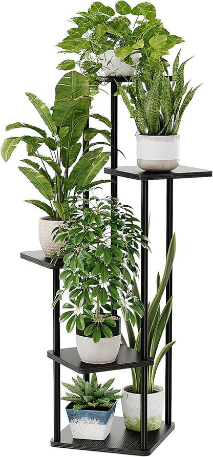 Bamworld Black Plant Stand Indoor 5 Tier Plant Shelf for Multiple Plants Corner Flower Stand Metal Wood Plant Table for Patio Garden Balcony Living Room Bedroom