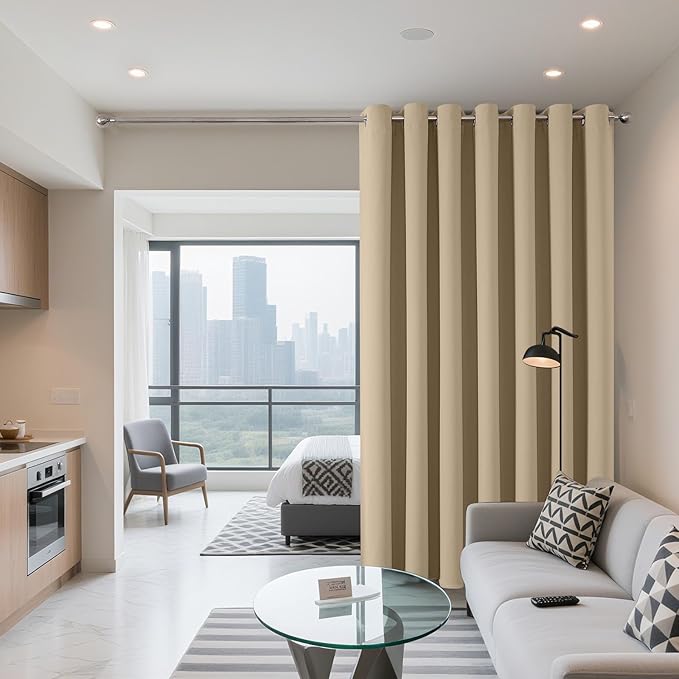 Joydeco Blackout Patio Sliding Door Curtains 72 Inches Long, Grommet Privacy Room Divider Curtains, Extra Wide Thermal Blackout Drapes for Bedroom Living Room (Light Beige, 60Wx72L, 1 Panel)