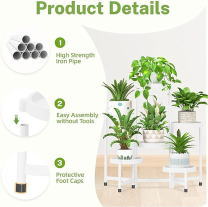iDavosic.ly 6 Tier Folding Plant Stand Indoor Outdoor with Plastic Tray, Tiered Corner Flower Holder Shelf, Metal Orchid Display Rack for Patio Porch Living Room Garden Balcony, White