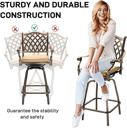 VINGLI 3 Piece Outdoor Patio Bar Set, Cast Aluminum Outdoor Swivel Bar Stools and Table w/Umberlla Hole, All-Weather Outdoor Bar Table and Chairs High Top Bistro Set w/Cushions (Grid Back)