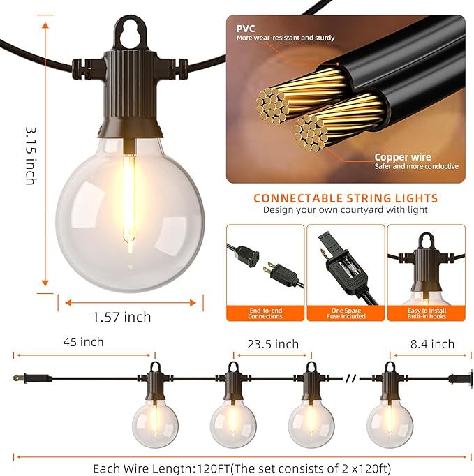 String Lights 240 FT Outdoor, 120 G40 LED Bulbs, IP65 Waterproof