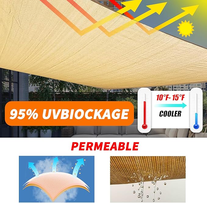 16' x 20' Sun Shade Sail Sand Curved Commercial Outdoor Shade Cover with Steel Wire Edges Sand Rectangle Heavy Duty Permeable 185GSM Backyard Shade Cloth for Patio Garden
