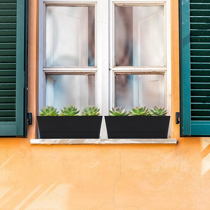 GREANER 12x3.8 Inch Herb Planters, 1 Pack Rectangle Window Boxes with Tray, Indoor Succulent Cactus Mint Plastic Pot for Windowsill, Balcony, Office, Outdoor Garden - Black