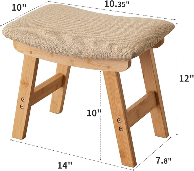 Foot Stool,Ottoman,Bamboo Small Sofa Foot Rest Under Desk,Extra Seating for Living Room, Bedroom and Kitchen (Natural Stool Legs - Beige Surface)