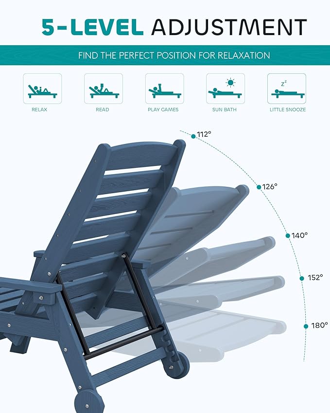 Chaise Lounge Chair, 5-Position HDPE Outdoor Lounger with Wheels