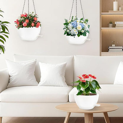 10 inch Hanging Planters for Indoor Plants, 3 Pack Self-Watering Hanging Planter Pots with Chain and Drainage Holes, Outdoor Plastic Hanging Baskets for Garden Home Decor (White, 3pcs/10inch)