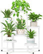 iDavosic.ly 6 Tier Folding Plant Stand Indoor Outdoor with Plastic Tray, Tiered Corner Flower Holder Shelf, Metal Orchid Display Rack for Patio Porch Living Room Garden Balcony, White