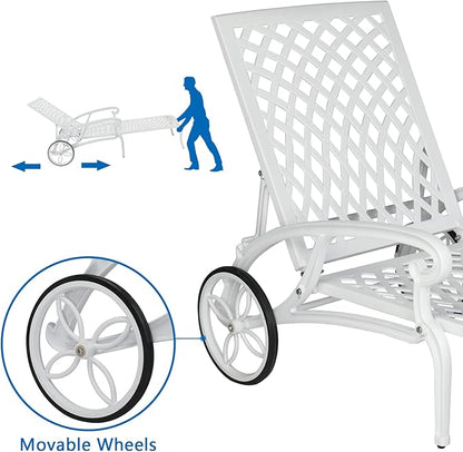 VINGLI Cast Aluminum Outdoor Chaise Lounge Chair with Wheels, Patio Chaise Lounge with 3-Position Adjustable Backrest, Tanning Chair Reclining Chair for Poolside (White, Without Cushion)