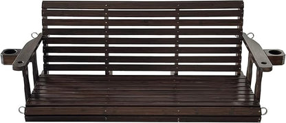 Fortune Candy Wooden Porch Swing 3-Seater, High Backrest and Deep Seat, Bench Swing with Cupholders, Hanging Chains and 7mm Springs, Heavy Duty 880 LBS (Deep Brown, 5 FT Extra Large)