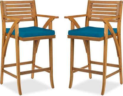 Best Choice Products Set of 2 Outdoor Acacia Wood Bar Stools Bar Chairs for Patio, Pool, Garden w/Weather-Resistant Cushions - Peacock Blue