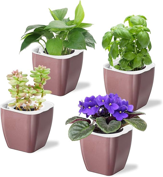 4 Pack Self Watering Pots 4-inch Decorative Flower Planters for Indoor Plants Modern Square planters for Small Plants Window Sill Planters for Succulents, African Violets, Herbs(Rose Gold)