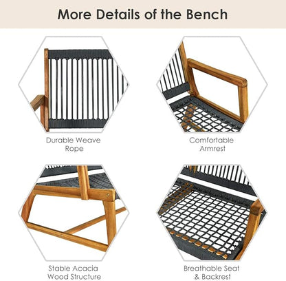 Tangkula 2-Person Patio Acacia Wood Bench Loveseat, Outdoor Patio Rope Bench in Teak Oil Finish, for Balcony Deck Poolside Porch (Grey)