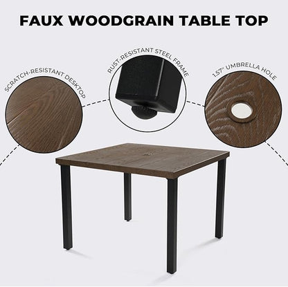 Grand patio 5-Piece Outdoor Dining Set for 4, Metal Woven Wicker Fixed Patio Chairs with Thickened Cushions & 1 Square Woodgrain Dining Table with Umbrella Hole for Backyard Deck (Brown)
