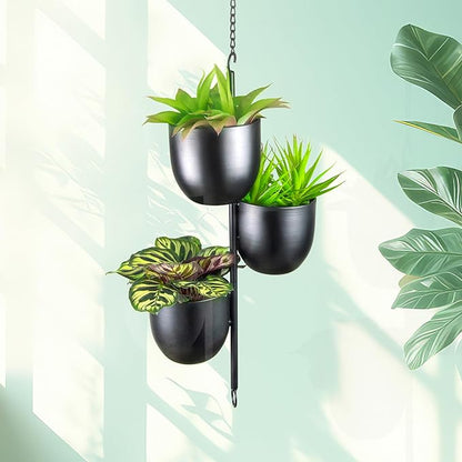 3 Tier Hanging Planters for Indoor & Outdoor, Stackable Black Metal Plant Hanger with 6 Inch Flower Pots, Oval Wall & Ceiling Plant Holder for Modern Home Decor, Balcony, Window, Patio (No Plants)