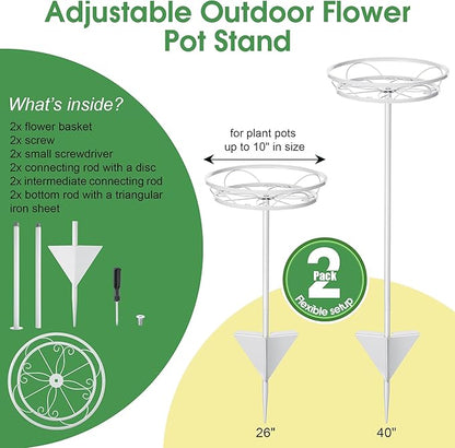 Tellingyou 2 Pack Adjustable Outdoor Flower Pot Stand, Metal Outdoor Plant Stands, Spring Summer Versatile Plant Stand Garden Stake for Display Plants, Elegant Solution for Landscaping Decor (White)