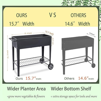31.5" Tall Raised Garden Bed with Wheels, Extra 15.7" W Planter Box (400 lbs Loads) with Storage Shelf & Handle,Heavy Duty Metal Garden Planter for Vegetables, Herbs & Flowers, Patio & Balcony