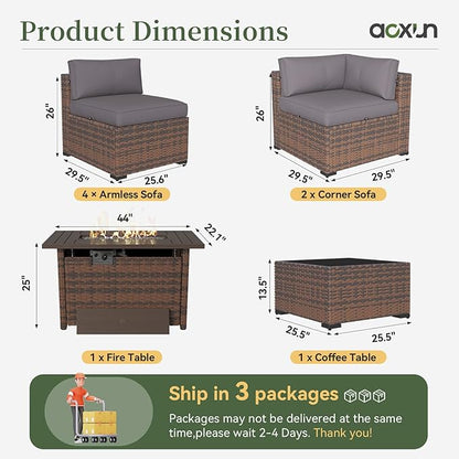 Aoxun 8 Piece Patio Furniture Set with 44” Fire Pit Table Wicker Rattan Outdoor Sectional Sofa Set with Coffee Table and Thickened Cushions, Gray (Waterproof Cover Included)