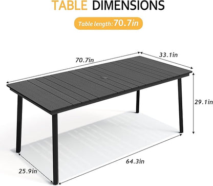 70 Inch Outdoor Patio Dining Table for 6 with Wood-Like Top & Umbrella Hole, Black All-Weather Deck & Backyard Table
