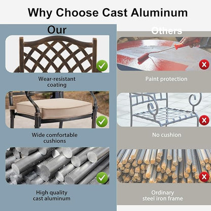 7-Piece Cast Aluminum Patio Furniture, Patio Dining Set for 6 Include 59" Rectangular Outdoor Dining Table and 6 Stackable Chairs with Cushions & Umbrella Hole (Bronze)