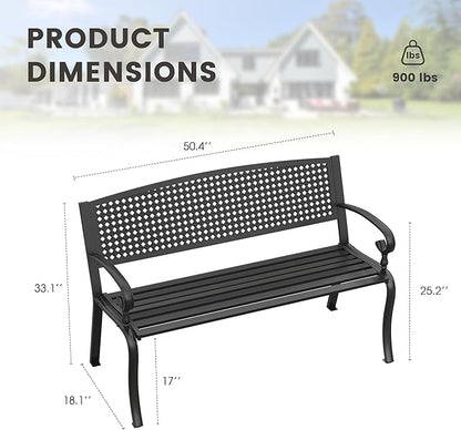 Outdoor Bench, 50.4" Patio Metal Frame Garden Bench with Backrest and Curved Armrests for Lawn Backyard, Black