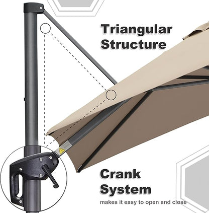 PURPLE LEAF 9' X 11.5' Square Cantilever Umbrella Patio Umbrella with Base Outdoor Umbrella Aluminum Offset with 360-degree Rotation for Garden Deck Pool Patio Taupe