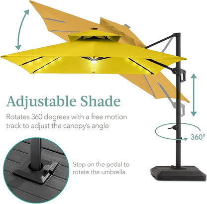 Best Choice Products 10x10ft Cantilever Patio Umbrella w/Base Included, Solar LED Lights 360 Rotation Large Offset Hanging Outdoor Shade for Deck Pool Backyard w/Stand – Yellow
