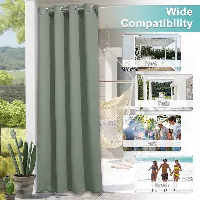 NICETOWN 2 Panels Sage Green Blackout Outdoor Curtains for Patio Waterproof, Rustproof Grommet Room Darkening Thermal Insulated Window Treatments for Front Porch & Canvas, W52 x L72