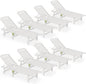 SERWALL Outdoor Chaise Lounge Set of 8, HDPE Pool Lounge Chairs with 5-Position Adjustable Backrest, Patio Loungers with Rolling Wheels & Cup Holder for Pool Sunbathing, White