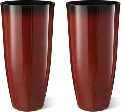 Glitzhome 30" H Oversized Tall Planter, Set of 2 Large Outdoor Planters with Drainage Holes, Gradient Red Faux Ceramic Finish, Large Flower Pots Plastic Plant Pots for Indoor Outdoor Front Door Patio