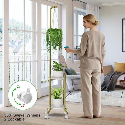 Plant Stand Indoor, 2 Tier Hanging Tall Plant Shelf with Wheels, 3 Potted Corner Flower Stand Metal Plant Holder, Plant Shelves for Living Room, Bedroom, Patio, Outdoor, Gold