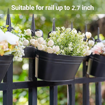 Dahey 10.5 Inch Metal Iron Hanging Flower Pots for Railing Fence Hanging Bucket Pots Countryside Style Outdoor Planter Window Flower Plant Holder with Detachable Hooks Home Decor, Black,4 Pcs