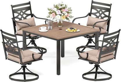 PHI VILLA Outdoor Patio Table, Square Metal Steel Slat Table with 1.57”- 1.9” Adjustable Umbrella Hole, Weather-Resistant Outdoor Dining Table for Garden Deck, 42" x 42" x 28.7", Brown